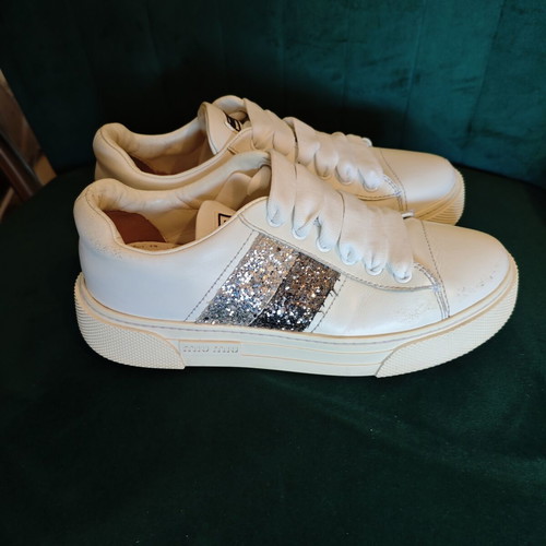 Miu Miu Glitter Stripe Leather Sneakers like new, size 36, white