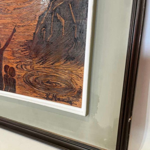 Vintage pyrography wall art with surreal landscape and artist signature, 62x47