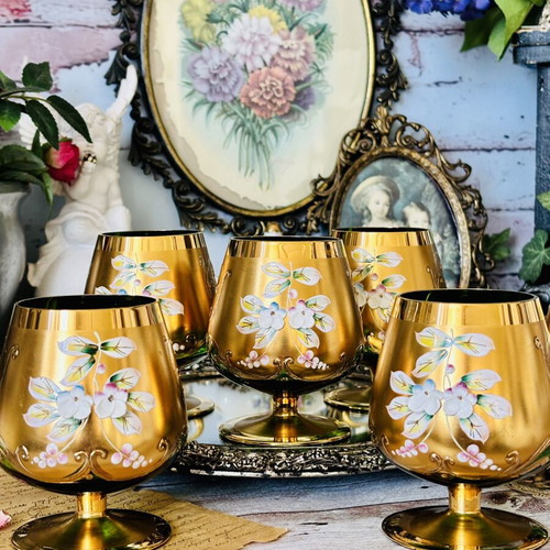Vintage set of 6 green crystal glasses with gold decoration
