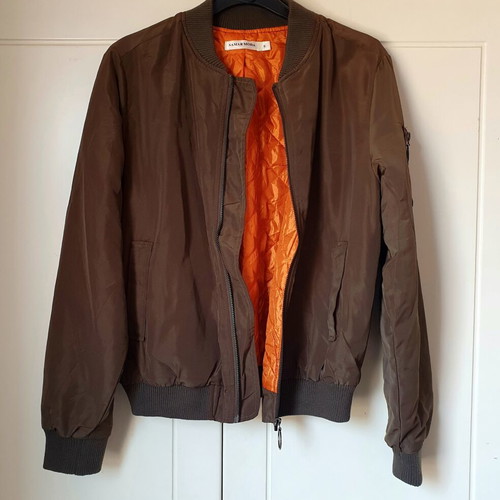 Bomber jacket khaki brown, size S, orange lining
