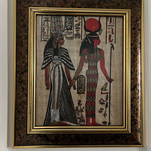 Authentic Egyptian painting on bamboo with hieroglyphs, framed