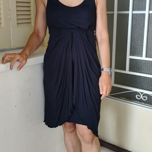 Sisley summer dress with pleats and inner overlay, blue