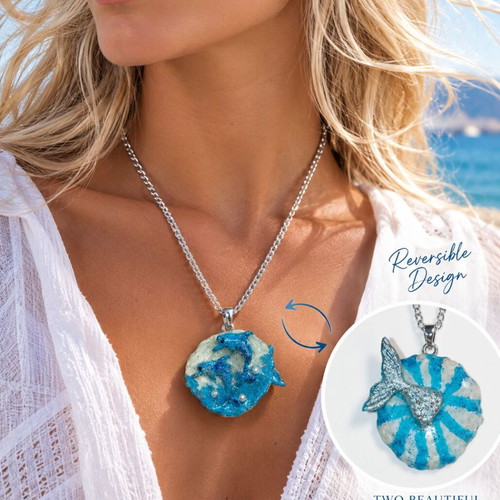 Handmade Two-Sided Necklace "Dolphins-Mermaid Tail" with Polymer Clay and Glass
