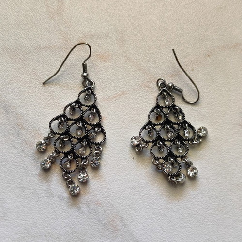 Vintage chandelier earrings with rhinestones used, filigree metal