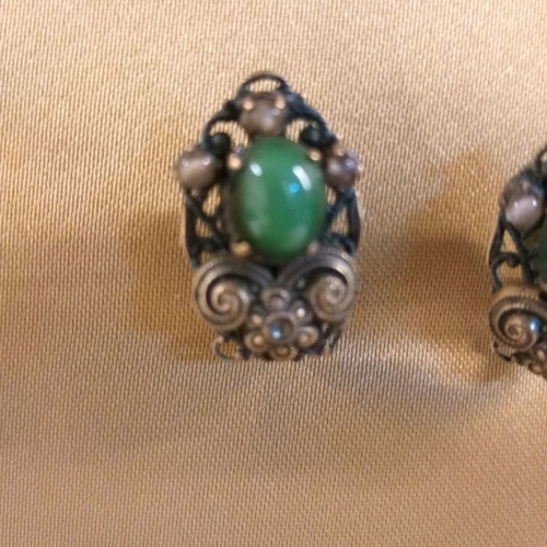 Vintage bronze earrings with green stone used