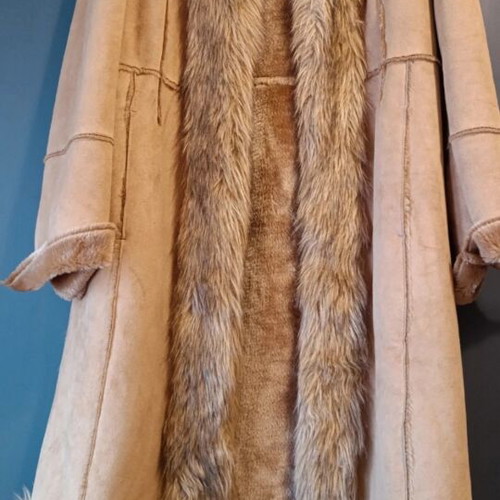 Sofia suede long coat with fur trim, size L