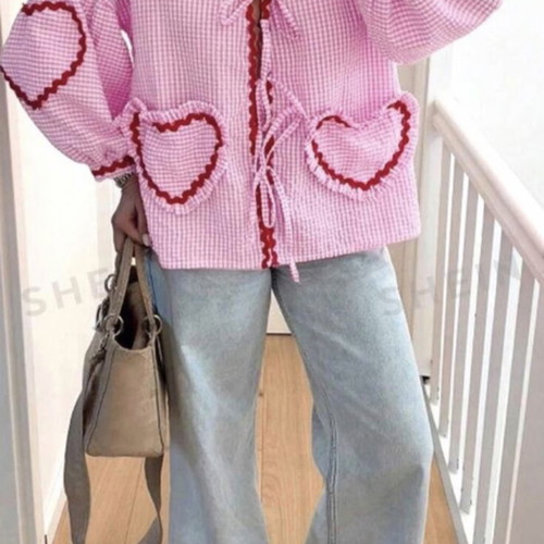 Shirt pink checked with hearts like new