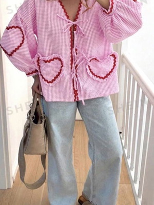 Shirt pink checked with hearts like new