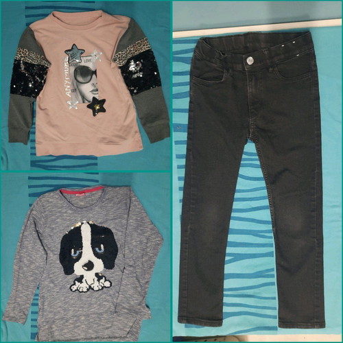 Pack of jeans and two sequin blouses like new, size 128