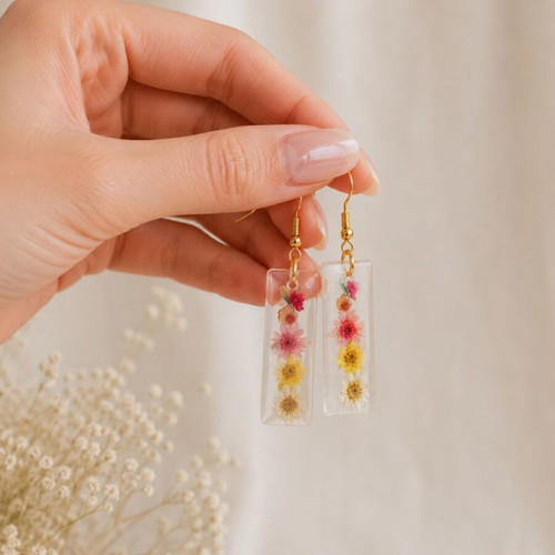 Resin Earrings Handmade with Real Pressed Flowers, Colorful