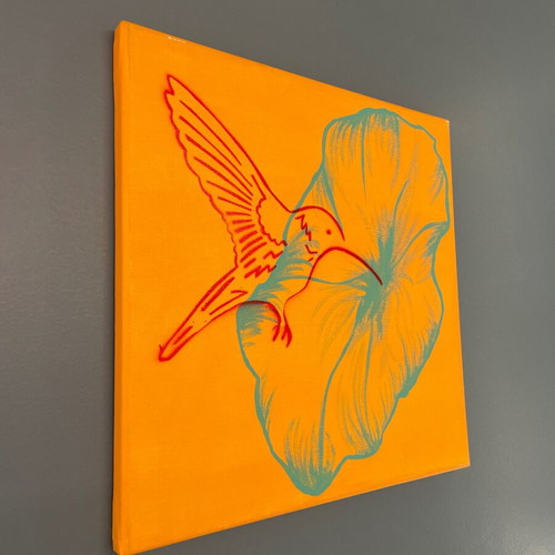 Acrylic painting on canvas Hummingbird and flower new 40x40 cm