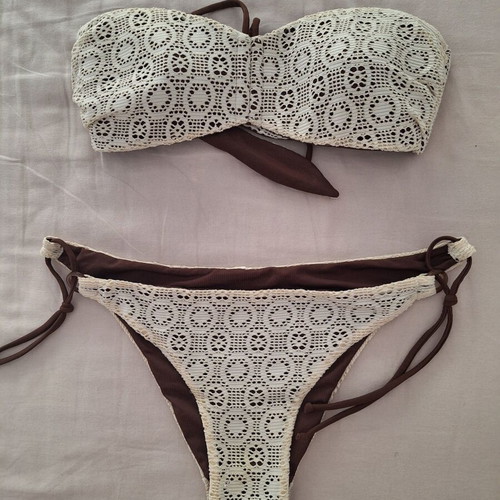 Tezenis women's bikini swimsuit, brown and cream lace