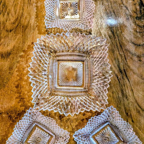 Vintage glass dessert plates set, 1 large 3 small