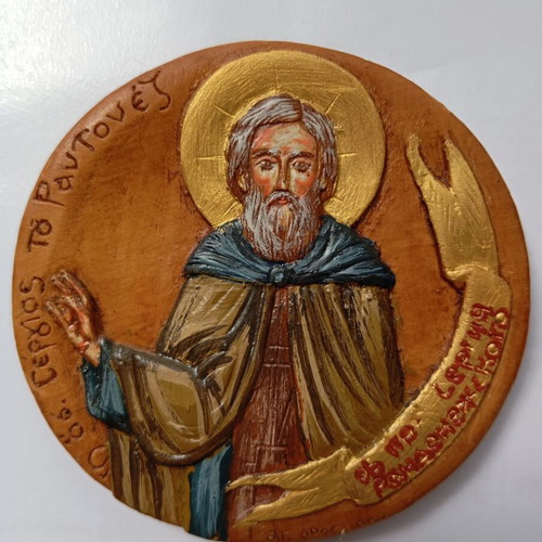 Saint Sergius of Radonezh Painted Icon from Wax, Mastic and Incense