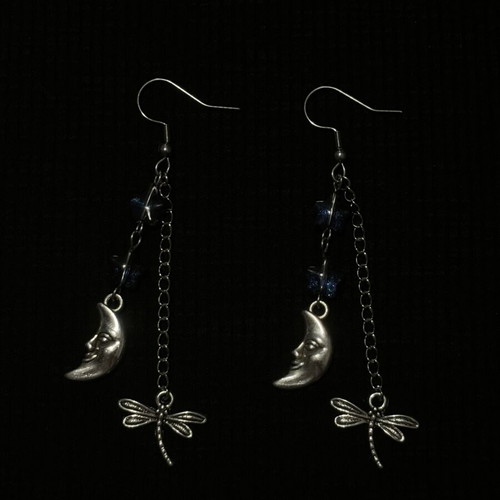 Handmade earrings with moon and dragonfly charm new, blue and silver