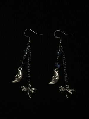 Handmade earrings with moon and dragonfly charm new, blue and silver