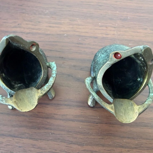 Set of 2 used brass or bronze ashtrays with patina