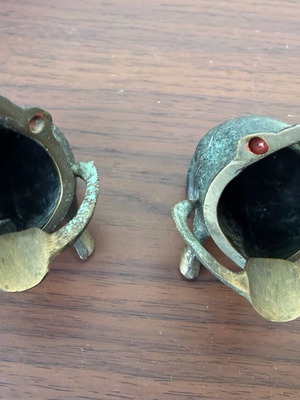 Set of 2 used brass or bronze ashtrays with patina