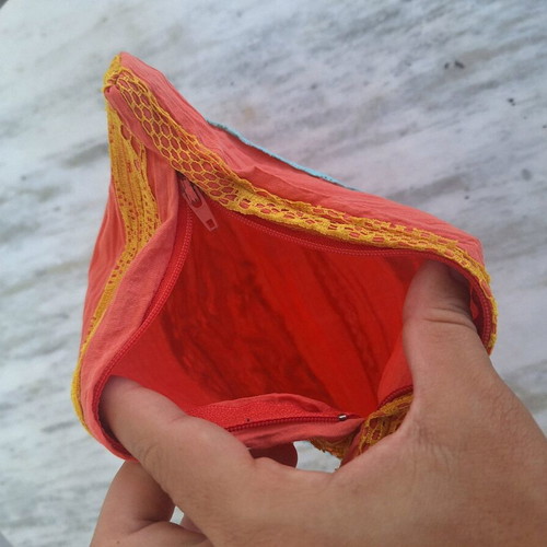 Handmade orange toiletry bag with lace, new