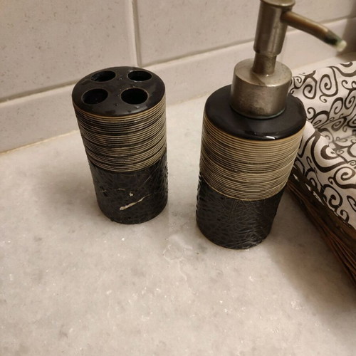 Bathroom set used with soap dispenser, toothbrush holder, and basket