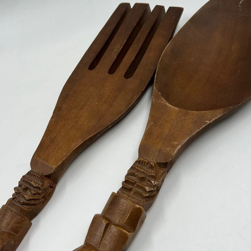 Vintage wooden decorative Tiki fork and spoon set used, tribal style