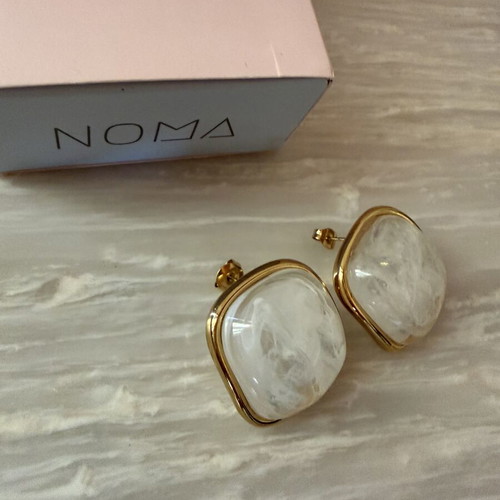 Stainless steel statement earrings, white and gold tone