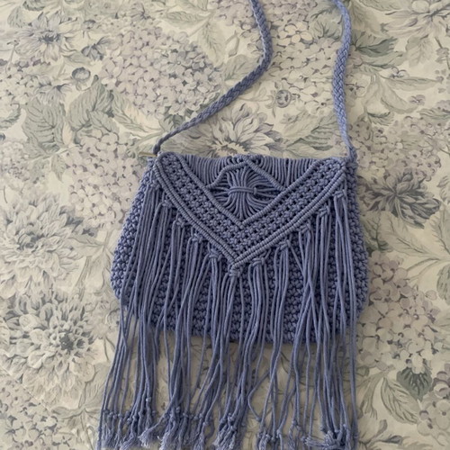 Boho Handmade Macrame Shoulder Bag like new, blue with lining and fringes
