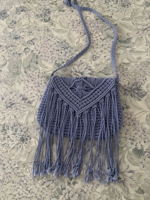 Boho Handmade Macrame Shoulder Bag like new, blue with lining and fringes