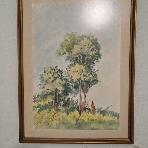 Handmade landscape watercolor with gold frame 60×45 cm used