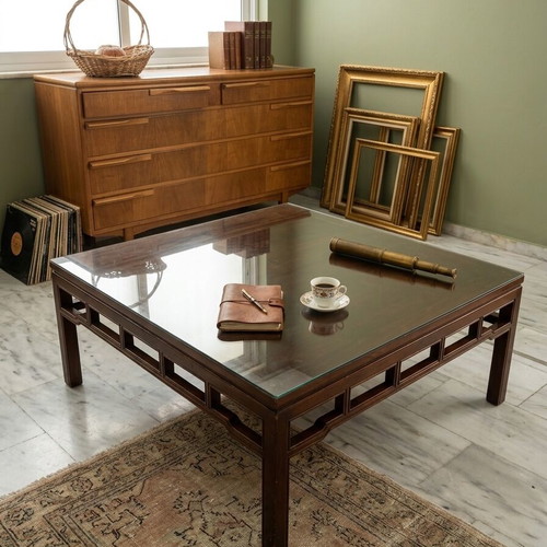 Vintage coffee table with glass used, solid wood 100x100