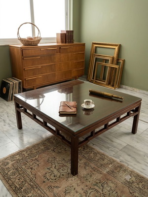 Vintage coffee table with glass used, solid wood 100x100