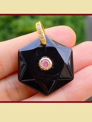 Obsidian semi-precious stone pendant new with ring and rhinestones