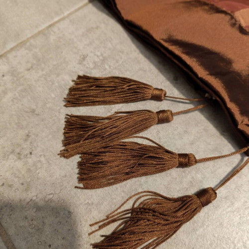Decorative Living Room Table Runner 80x80 cm, Brick Copper with Gold Embroidery and Tassels