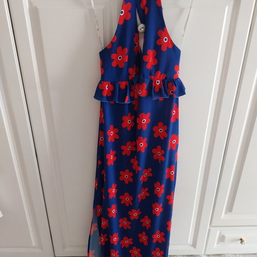 Maxi dress BSB used, blue fabric with red floral pattern