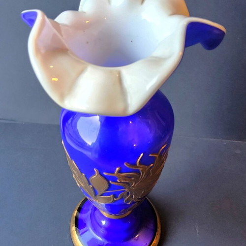 Vintage Bohemia Cobalt Blue Vase with Gold Floral Decoration, Like New