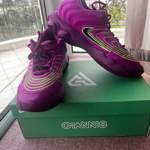 Nike Giannis Immortality athletic shoes used, size 45.5, green and purple