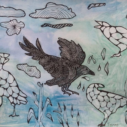 Original watercolor painting Raven in zentangle style new