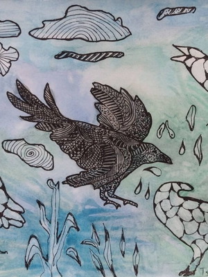Original watercolor painting Raven in zentangle style new