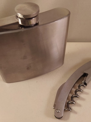 Flask and corkscrew set metal