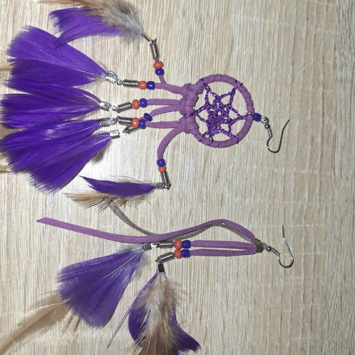 Handmade earrings with feathers and beads, new, purple and brown