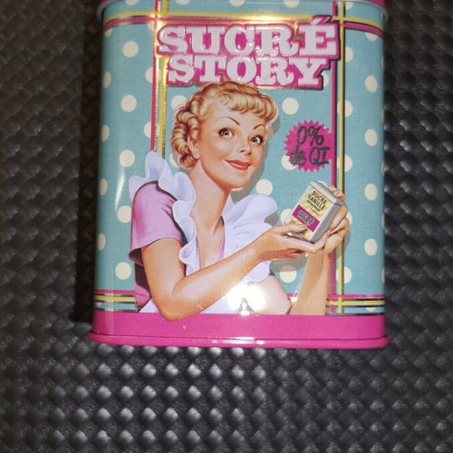 Vintage metal storage tin Sucré Story by Natives, new
