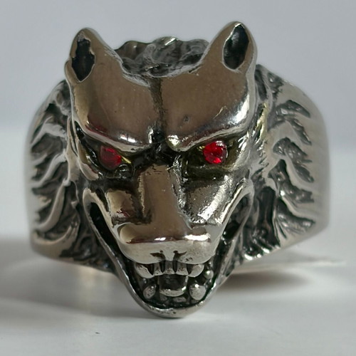 Wolf Head Ring with Red Zircon Eyes New, 316L Stainless Steel, US Size 14
