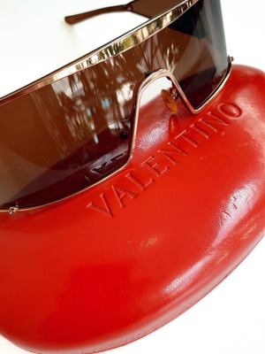 Valentino Y2K Shield Sunglasses used, titanium gold brown with case