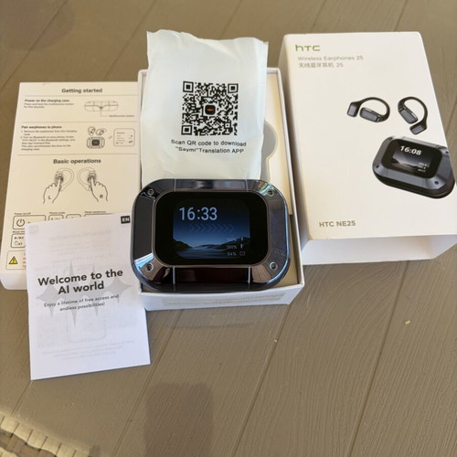 HTC NE25 wireless earphones with smart touchscreen case and AI translation