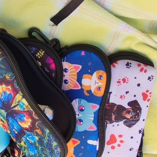 Waterproof glasses case with colorful cat, dog, butterfly, and flower designs