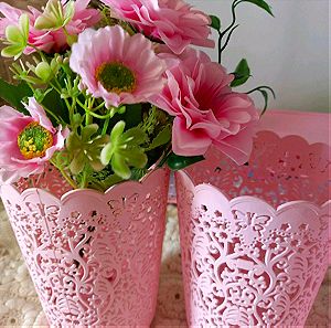 Σετ των 3 βάζα ροζ μαζί με λουλούδια