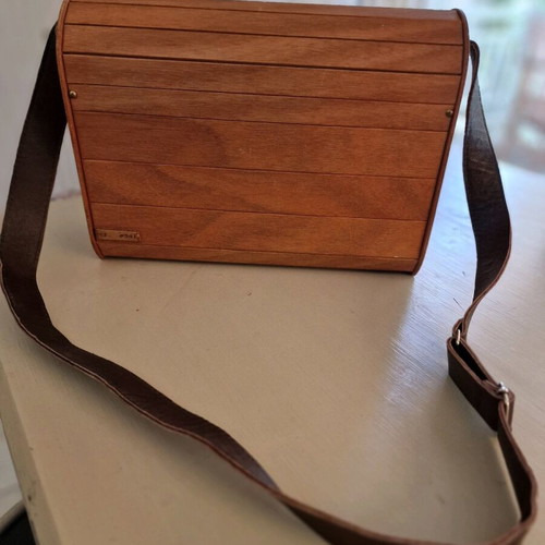 Wooden handmade shoulder bag used with velvet lining and leather strap