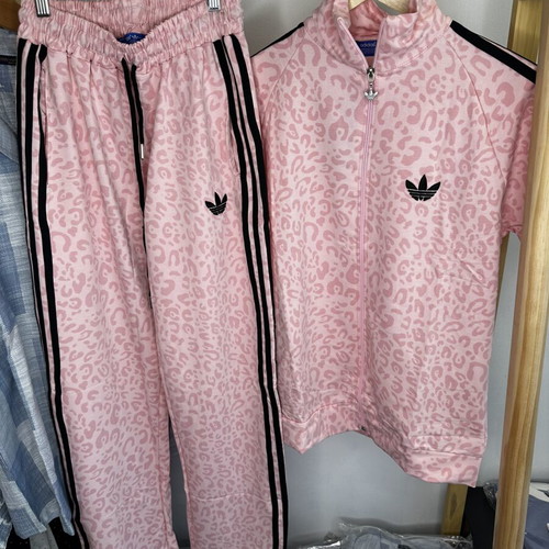 Adidas leopard pink women's sportswear set with short-sleeve zip jacket and pants new