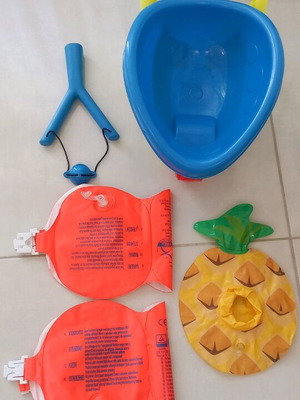 Beach set used with sand cart, slingshot, inflatable pineapple, and armbands