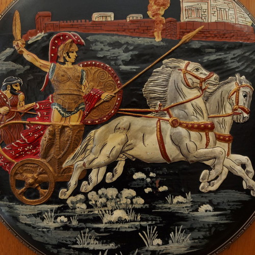 Antique collectible wall plate 42cm used, terracotta majolica Achilles Hector Troy
